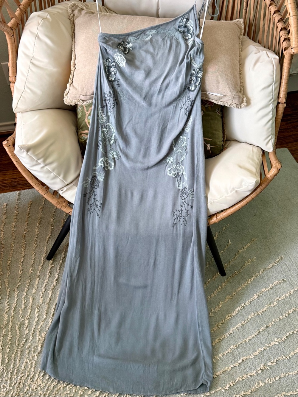 Vintage Free People Embroidered Floral Maxi Dress Grey Blue NWT Small Boho